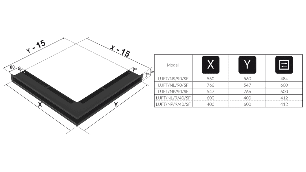 Grila Ventilație LUFT corner right 54,7x76,6x9 graphite Slim